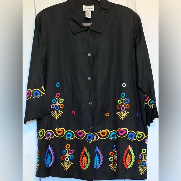 Louis Dell Olia Tops - Vintage Black and multicolored embroidered button down shirt
